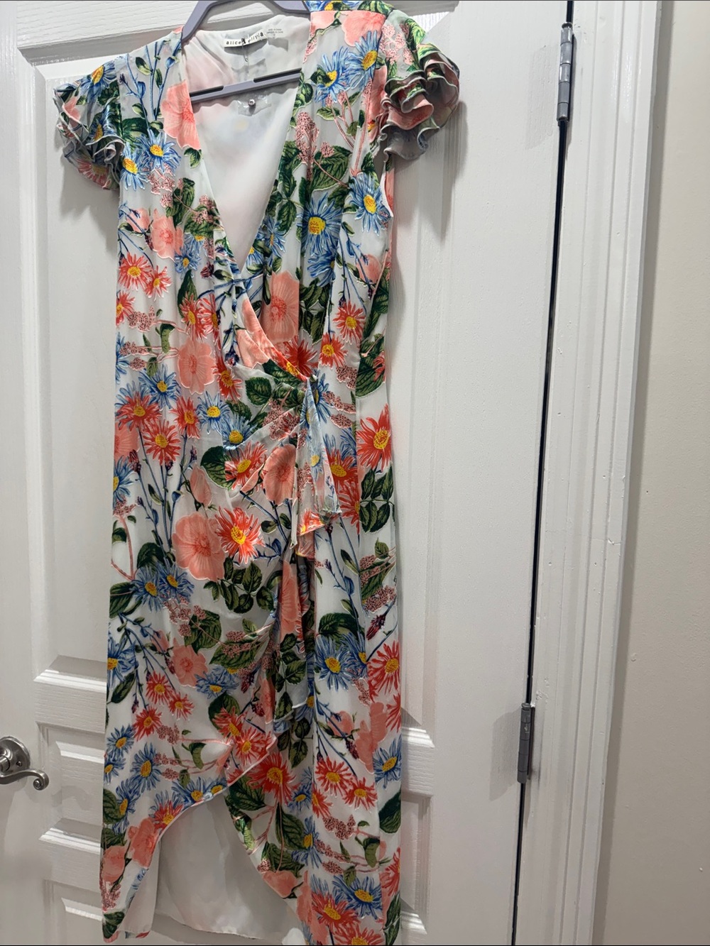 Alice + Olivia Floral Wrap High-Low Dress in Pink, Blue & Green